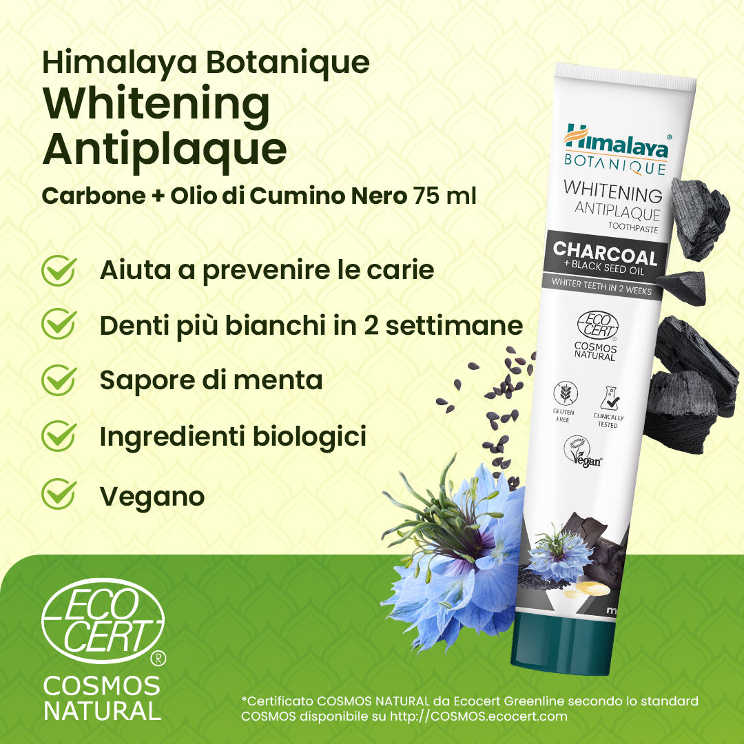 Dentifricio Himalaya Botanique Whitening Antiplaque Carbone + Olio di Cumino Nero 75 ml